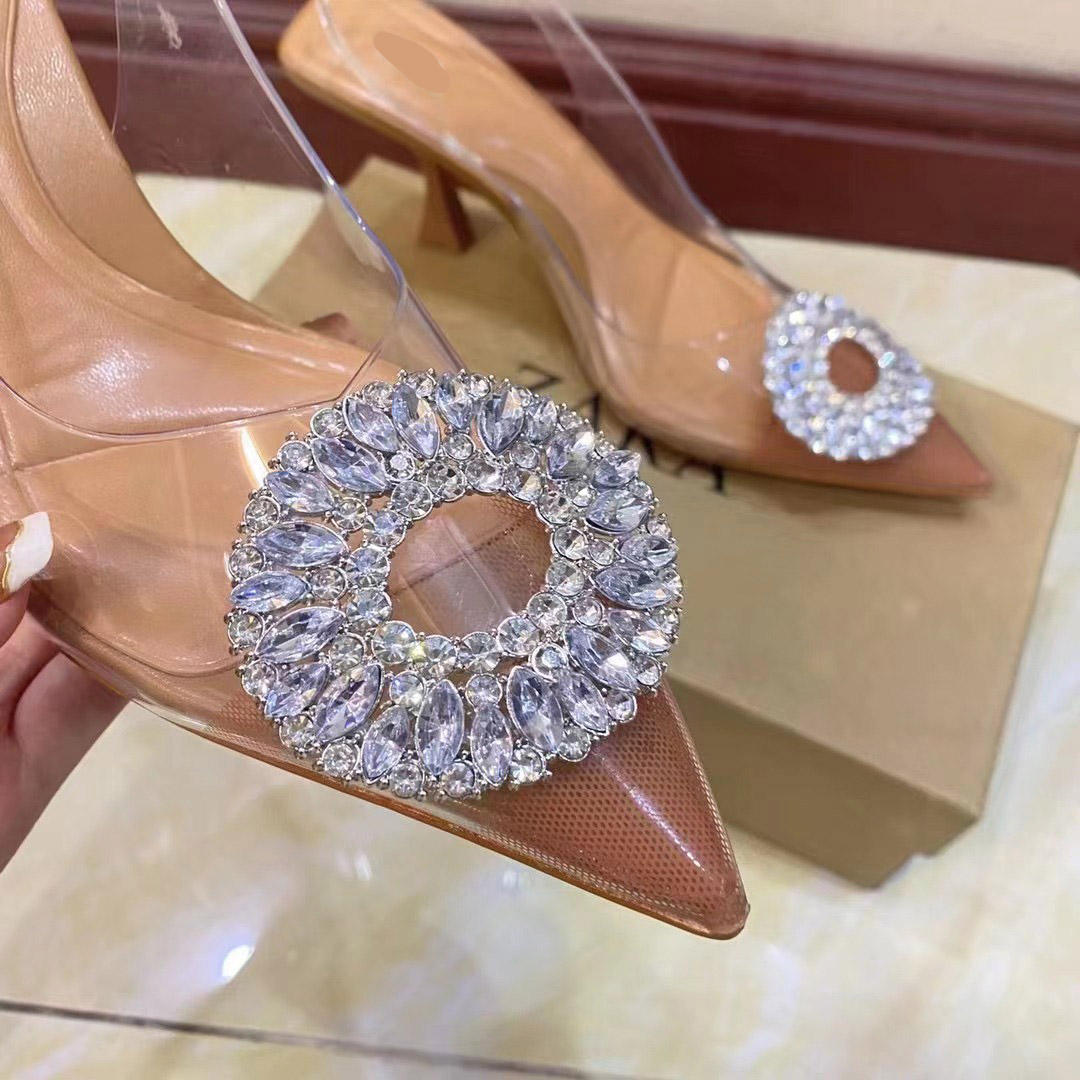 New rhinestone buckle pointed toe toe cap slippers women high heels heeled sandals