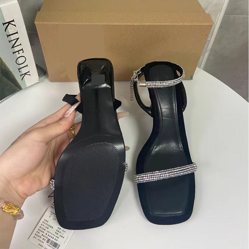 Open Toe Designer Sandals Ankle Strap Chain Suede Brand High Heels