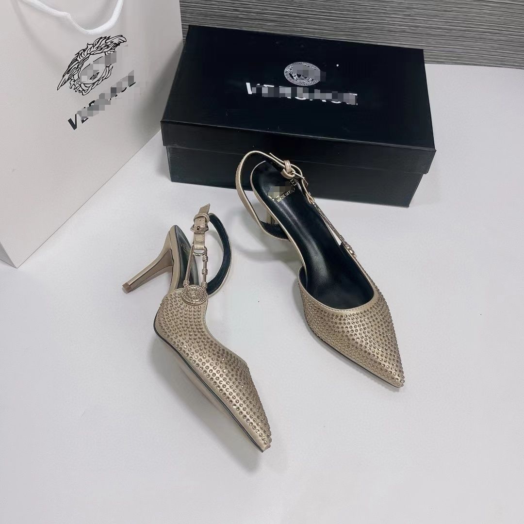 Branded designer crystal women high heels shoes fashion rhinestone elegant slingback pointed toe pumps - Silver