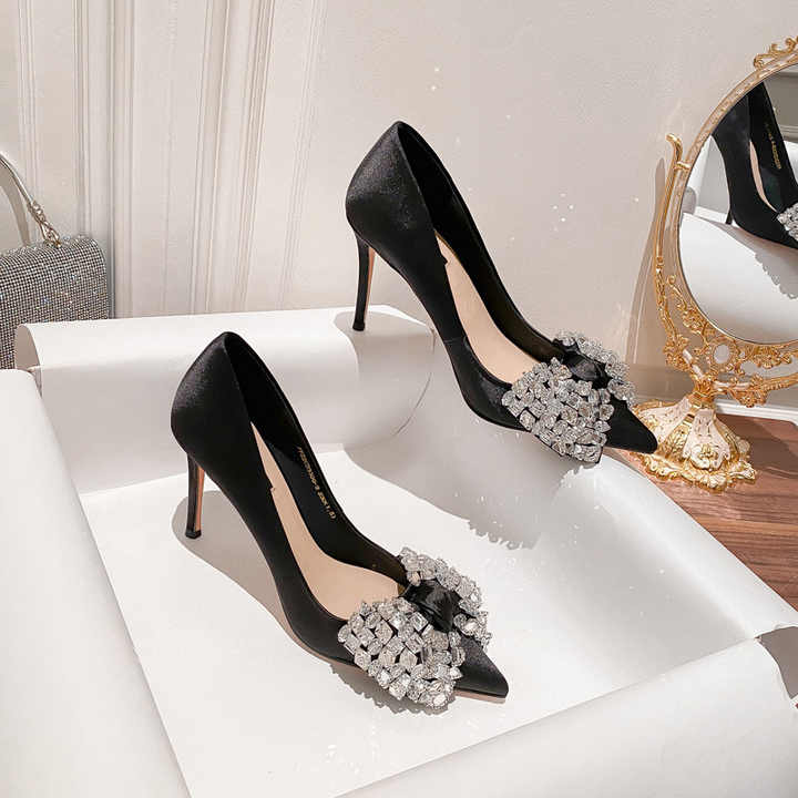 Pointed rhinestone bow high heels women's 2024 new stiletto pumps with temperament