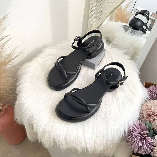 Black Leather Strap Sandals with Comfy Foam Sole – 3cm Height