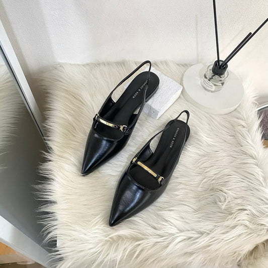 Faux Leather Pointed toe Low block heel Metallic bar accent - Black