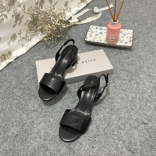 Tali belakang adjustable Material leather Block heels Heels 5cm - Black