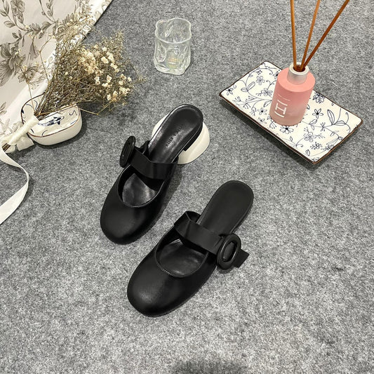 New Spring Mules Linen Material with oval-buckle straps complement low-blocked heels