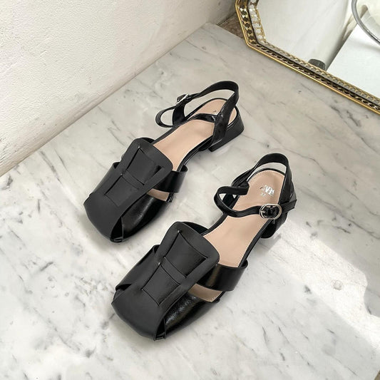 Leather Materials 4 CM Height Adjustable Straps Women Sandals - Black