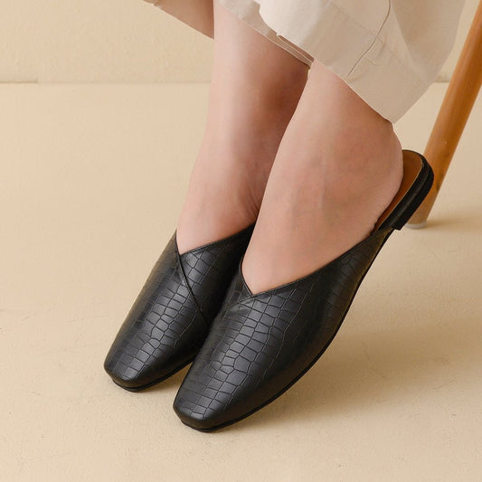 Black Croc-textured mules