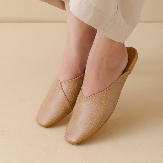Beige Croc-textured mules