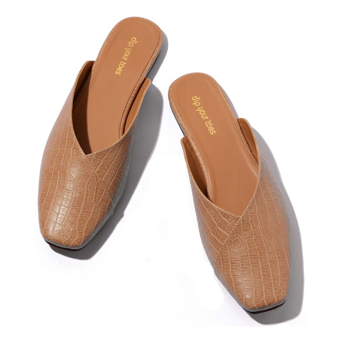 Beige Croc-textured mules