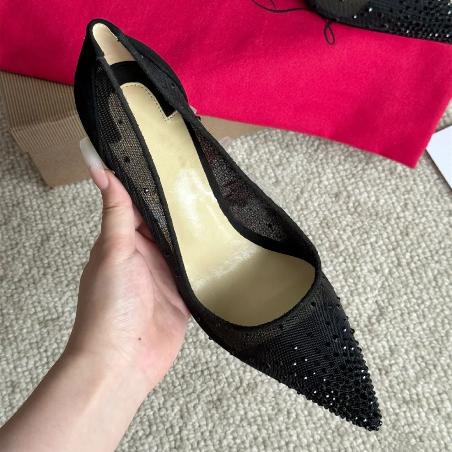 Mesh pointed toe diamond black suede mature italian high heel pumps female wedding party shoes