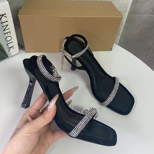 Open Toe Designer Sandals Ankle Strap Chain Suede Brand High Heels