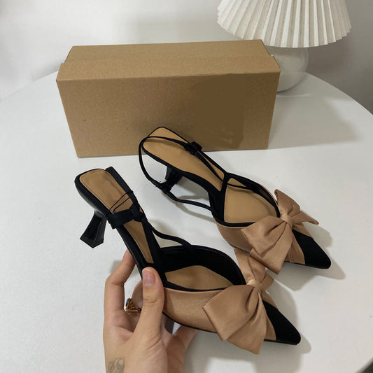Slim Heel Pointed Bow Decoration Contrast Color Heel High Heel Sandals