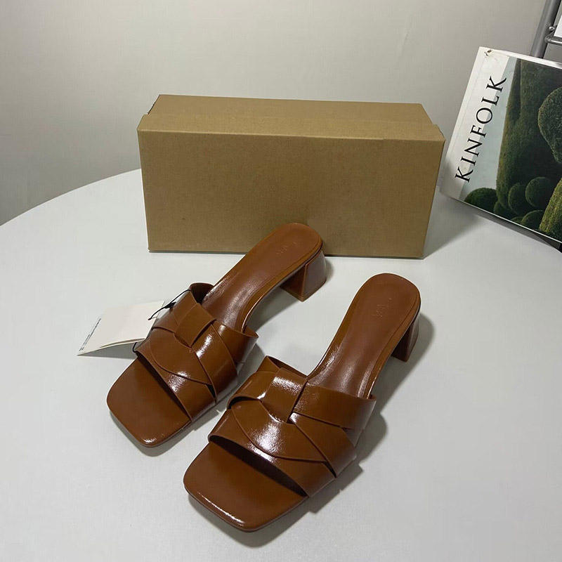 Chunky Heel Slippers Roman Luxury Sandals - Brown