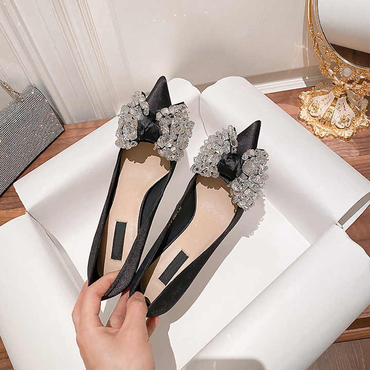 Pointed rhinestone bow high heels women's 2024 new stiletto pumps with temperament