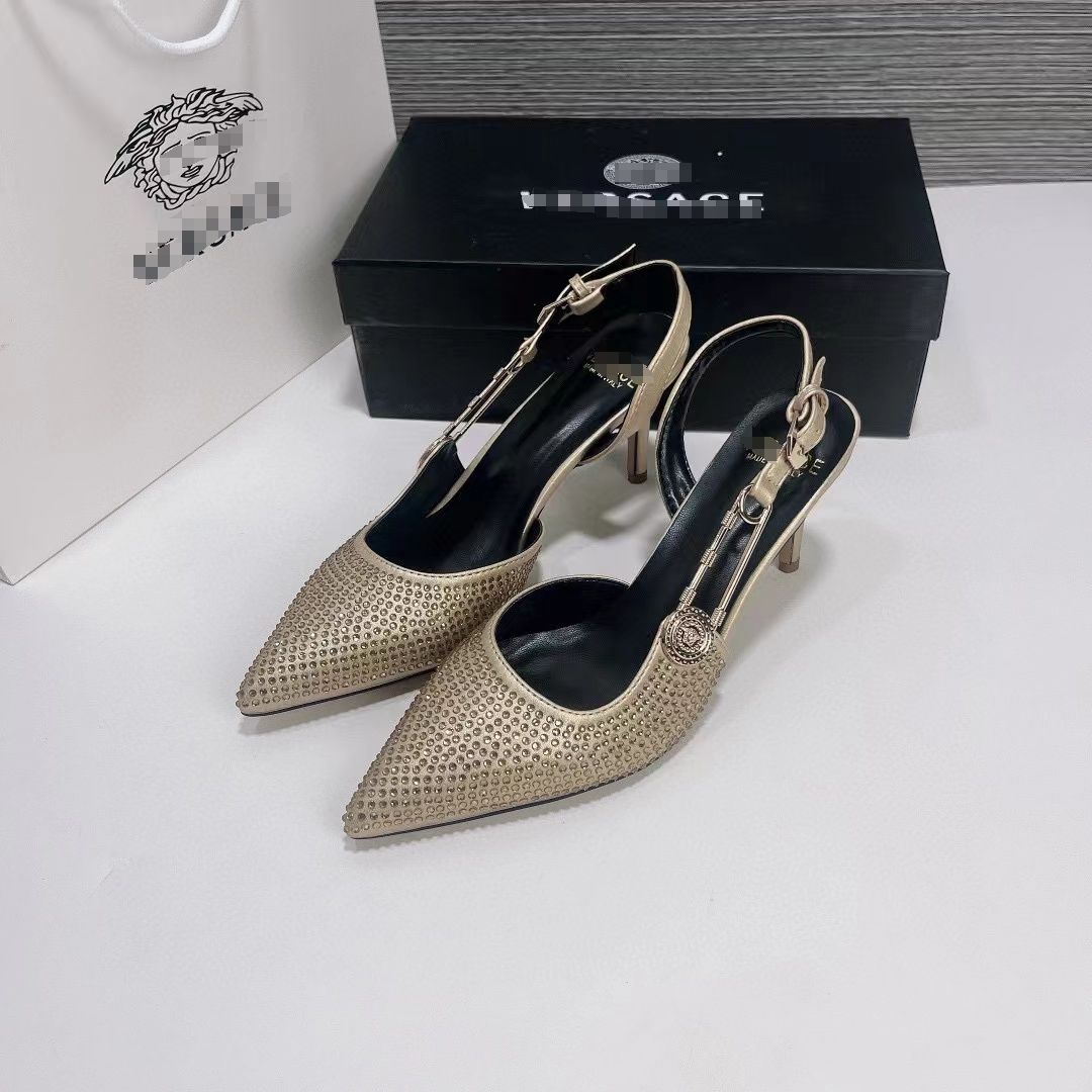 Branded designer crystal women high heels shoes fashion rhinestone elegant slingback pointed toe pumps - Silver