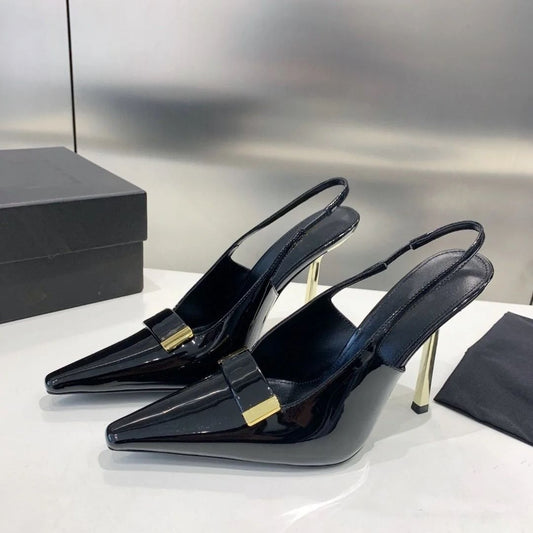2024 black pointed toe fashion slingback ladies 9cm high heel luxury sandals