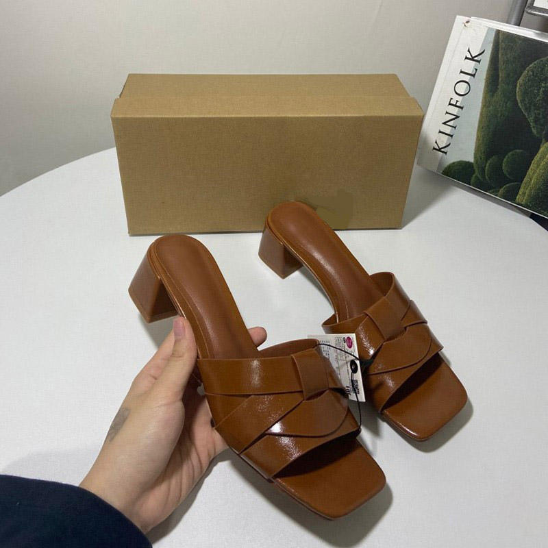 Chunky Heel Slippers Roman Luxury Sandals - Brown