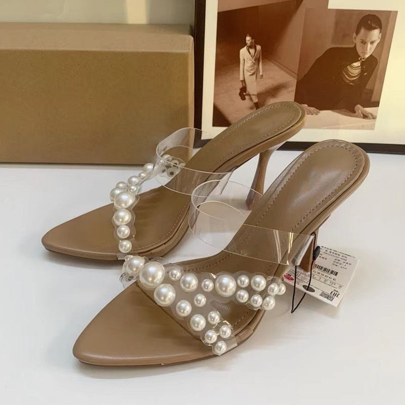 Pearl transparent high heels fashion pointed woman Slippers and sandals