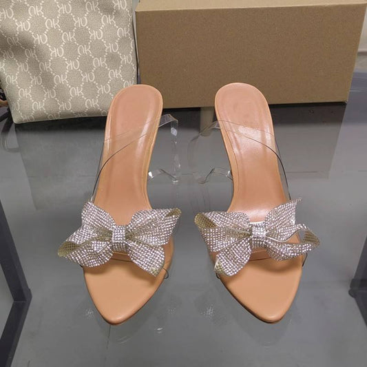 Sweet Fashion Pointy Open Toe Rhinestone Bow Skinny High Heeled Lady Sandal
