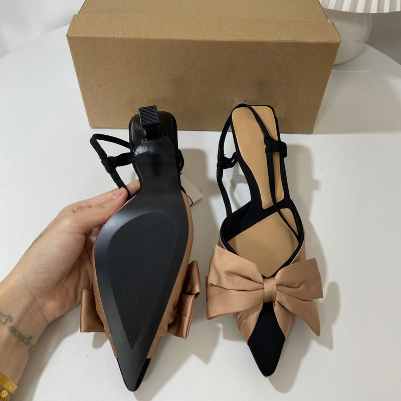 Slim Heel Pointed Bow Decoration Contrast Color Heel High Heel Sandals