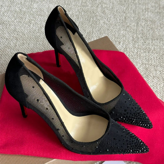 Mesh pointed toe diamond black suede mature italian high heel pumps female wedding party shoes