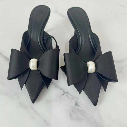 Artificial Pearls and Black Satin Bow Decoration Pointed Toe High Heel Slippers