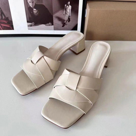 Chunky Heel Slippers Roman Luxury Sandals - White