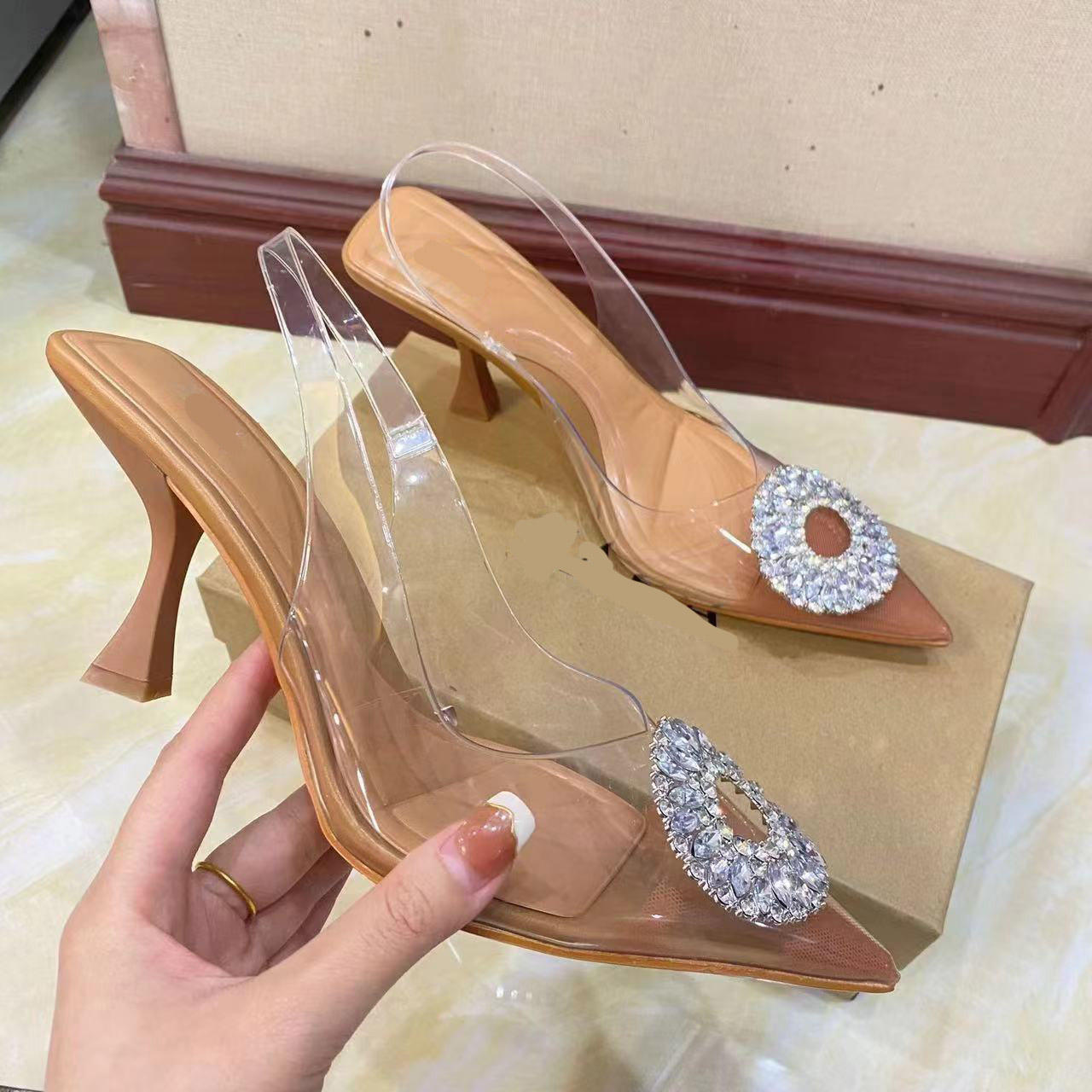 New rhinestone buckle pointed toe toe cap slippers women high heels heeled sandals