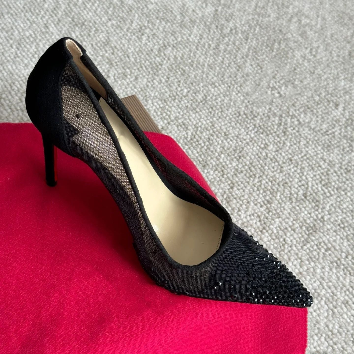 Mesh pointed toe diamond black suede mature italian high heel pumps female wedding party shoes