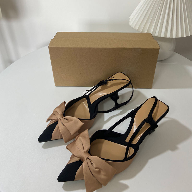 Slim Heel Pointed Bow Decoration Contrast Color Heel High Heel Sandals