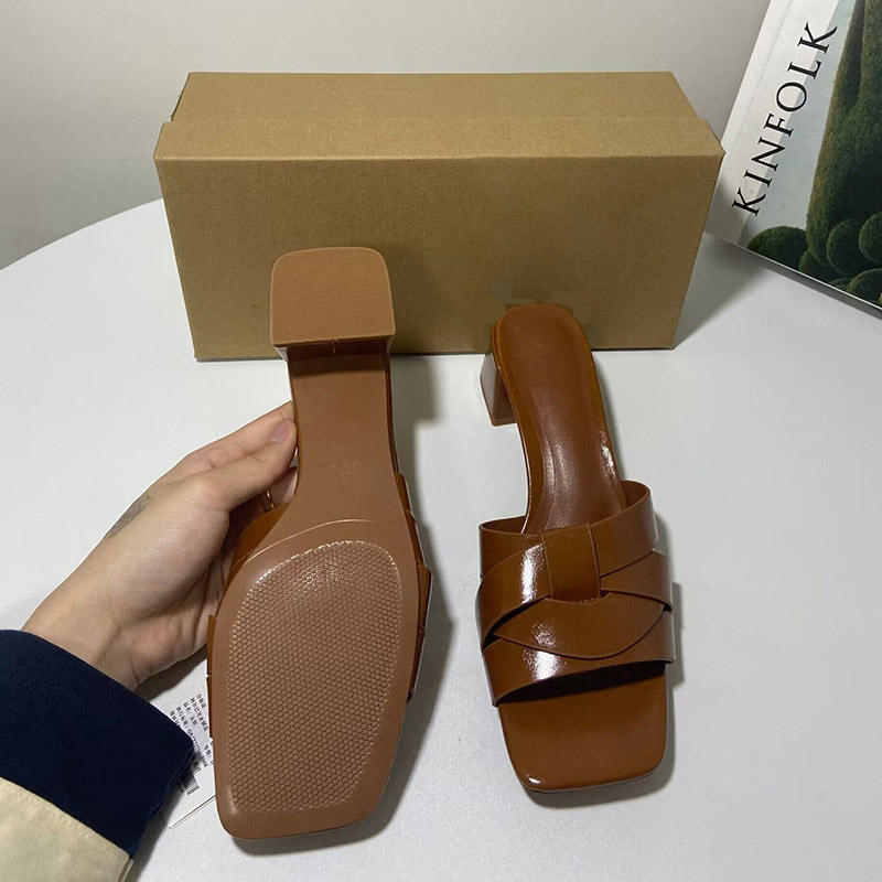 Chunky Heel Slippers Roman Luxury Sandals - Brown