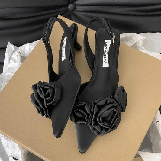 New spring and summer pointed flowers black high heel pumps