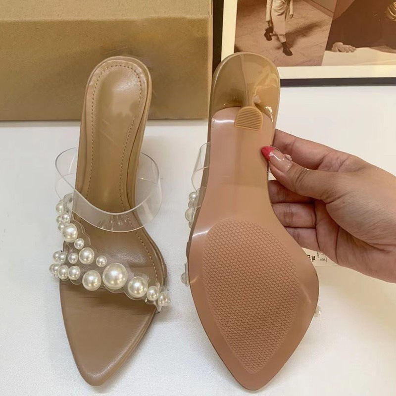 Pearl transparent high heels fashion pointed woman Slippers and sandals