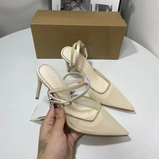 Vintage Design Mesh Pointy High Heels Women's One-Line Buckle Slingshot Sandals Ladies Stiletto Pumps
