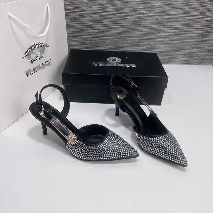 Branded designer crystal women high heels shoes fashion rhinestone elegant slingback pointed toe pumps - Silver