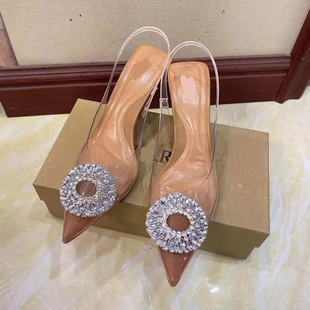 New rhinestone buckle pointed toe toe cap slippers women high heels heeled sandals