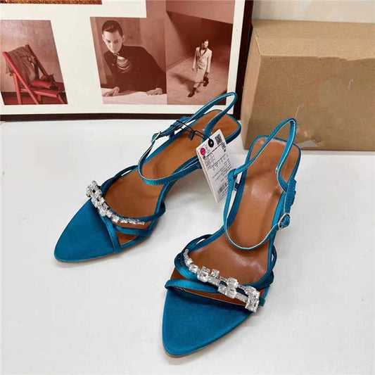 new 2024 autumn pointed cross strap rhinestone ankle straps buckle open toe high heels sandals