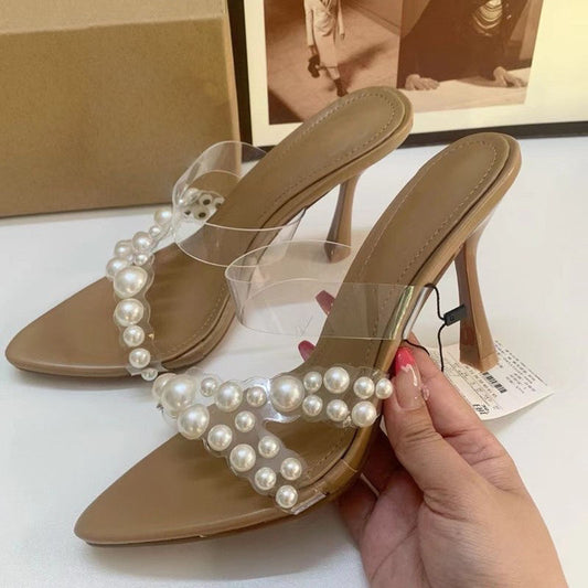 Pearl transparent high heels fashion pointed woman Slippers and sandals