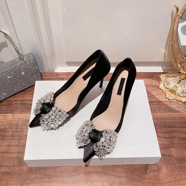 Pointed rhinestone bow high heels women's 2024 new stiletto pumps with temperament