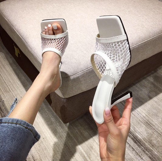 White Square Head Mesh Leather High Heel Sandals