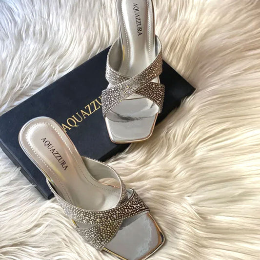 Silver Shiny Stone Heel Crystal Embellished Cross Strap Clear Sandals