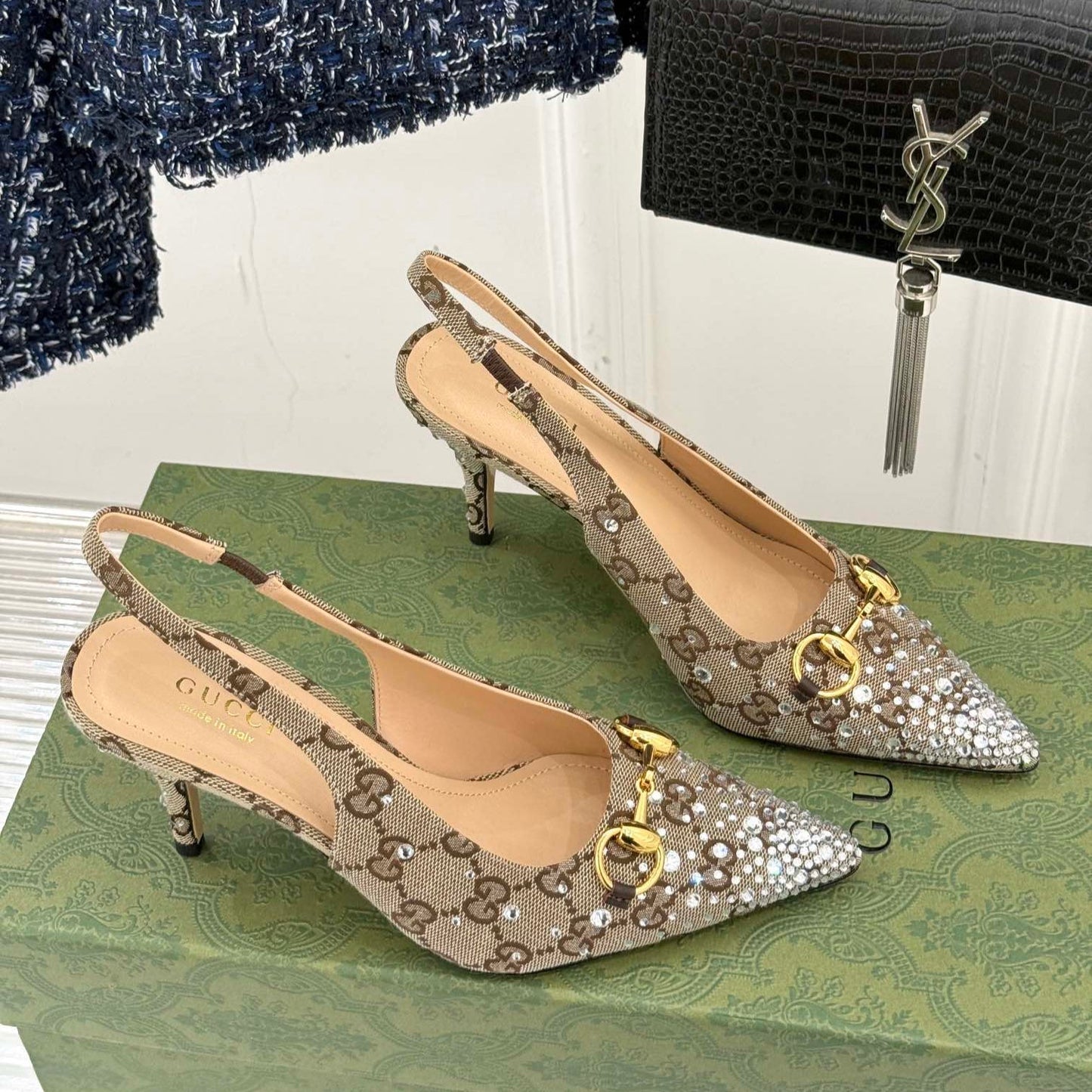 GG Horsebit Slingback 85MM Beige Ebony Monogram Canvas Point Toe Crystal-Embellished