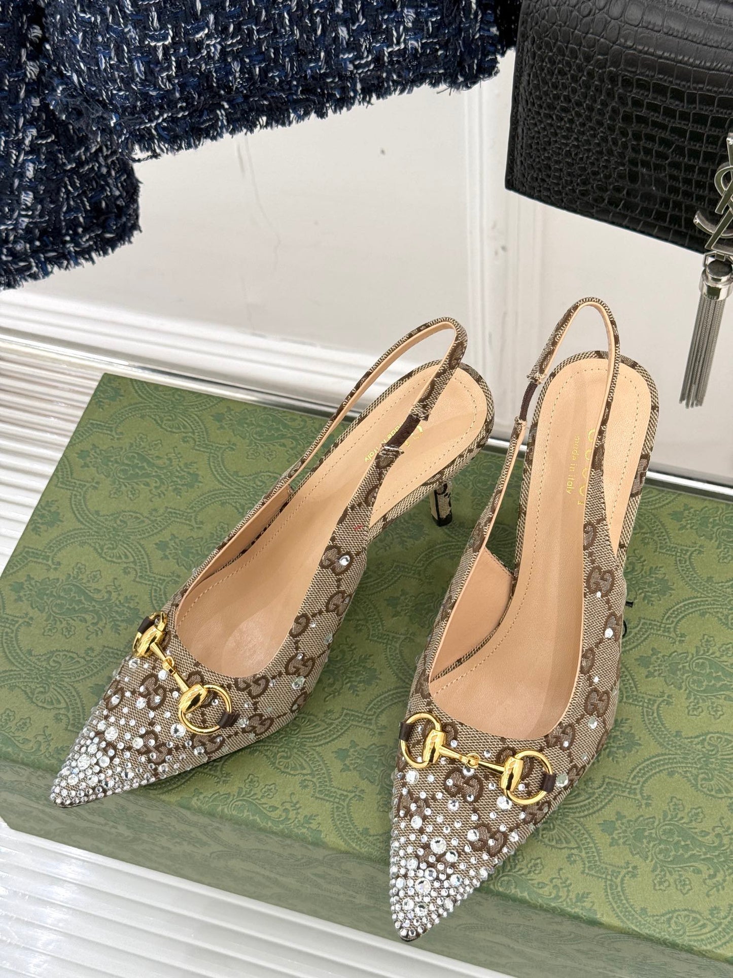 GG Horsebit Slingback 85MM Beige Ebony Monogram Canvas Point Toe Crystal-Embellished