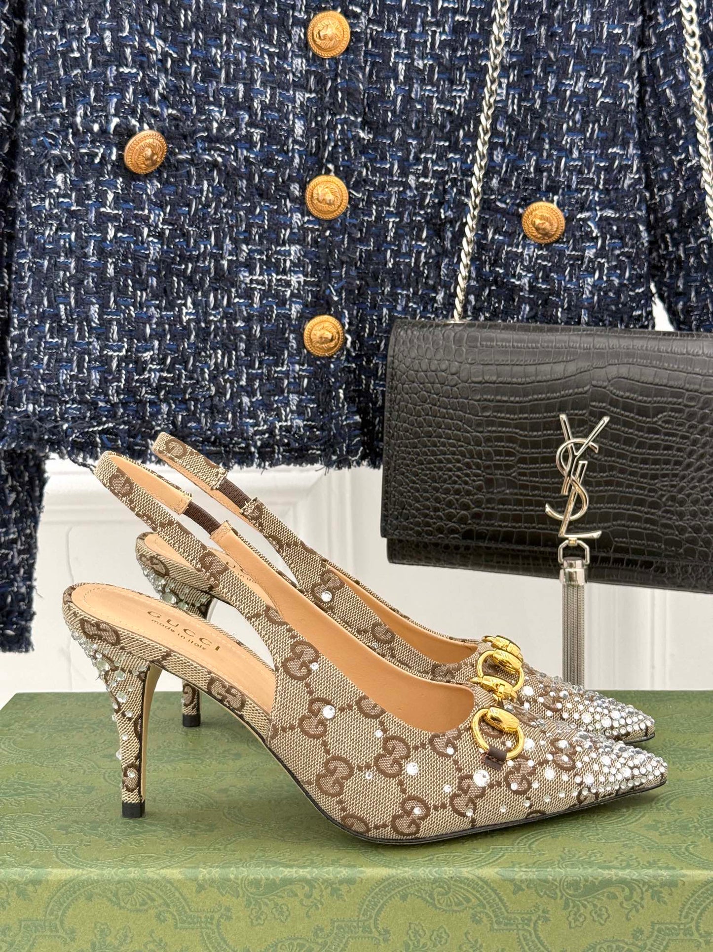 GG Horsebit Slingback 85MM Beige Ebony Monogram Canvas Point Toe Crystal-Embellished