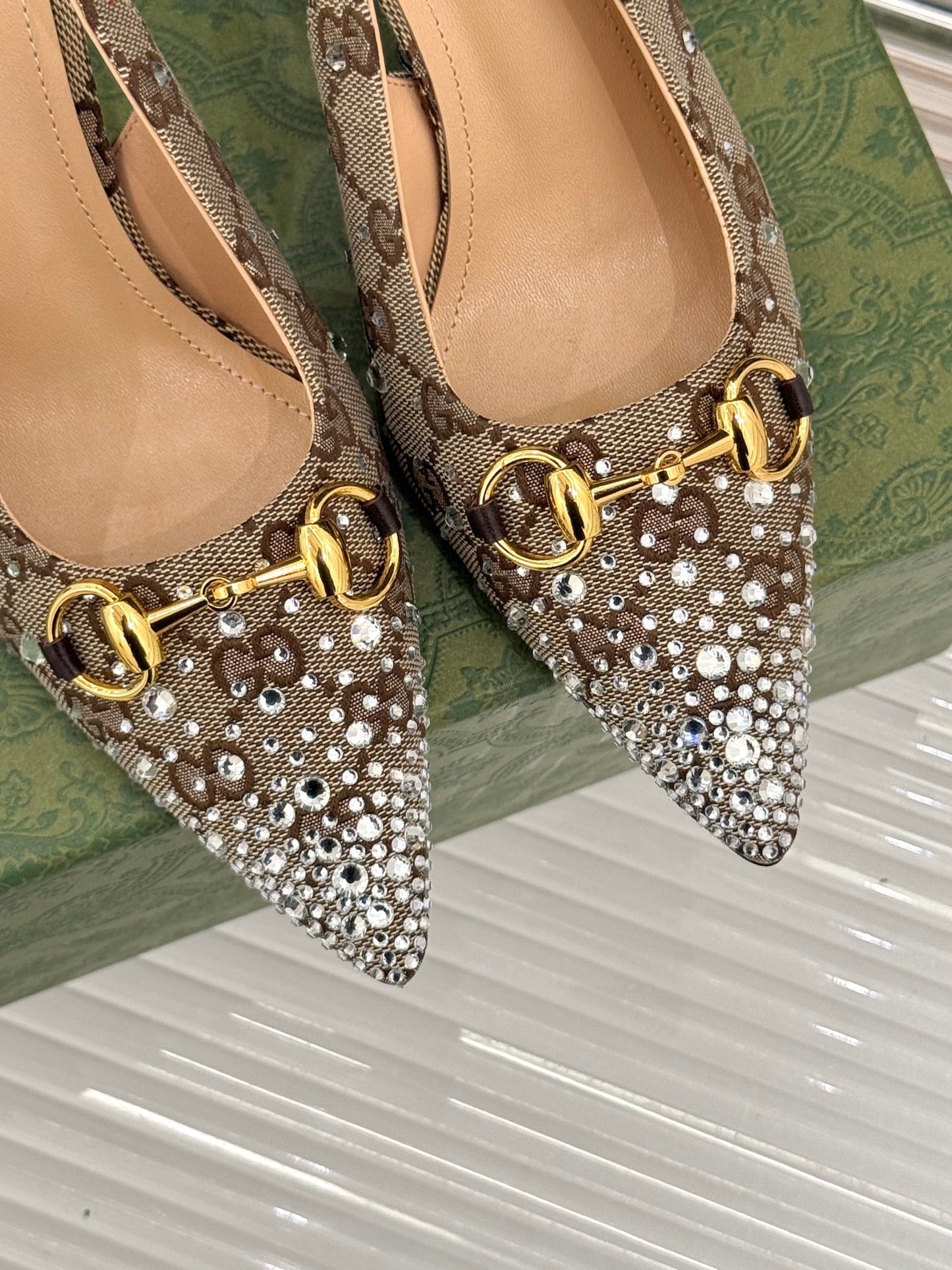 GG Horsebit Slingback 85MM Beige Ebony Monogram Canvas Point Toe Crystal-Embellished