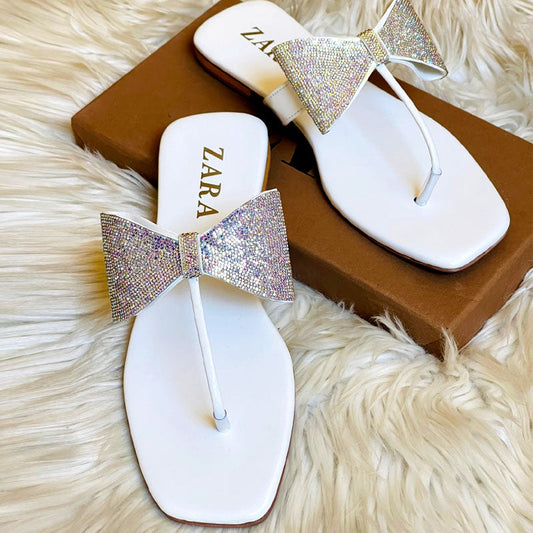 White Shiny Rhinestone Bow Thong Flat Sandal